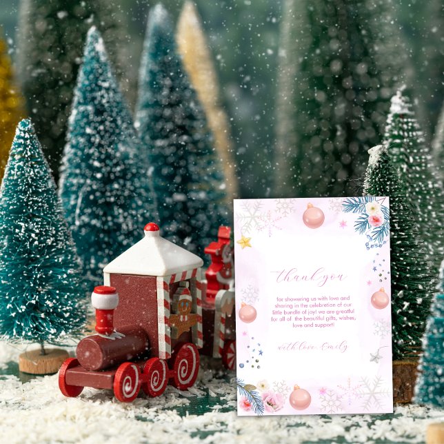 Pink Winter Snowflake Floral Baby Shower  Thank You Card (Pink Winter Snowflake Floral Baby Shower Thank You Card)