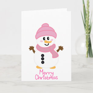 Pink Winter Snowman Merry Christmas Card