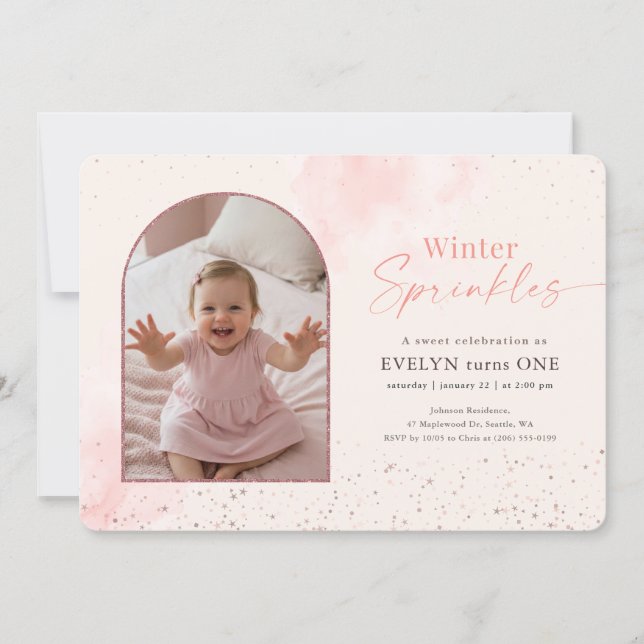 Pink Winter Sprinkles First Birthday Arch Photo Invitation (Front)