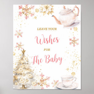 Pink Winter Tea Party Baby Shower Leave Your Wish Poster