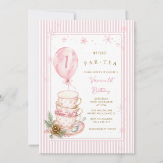 Pink Winter Tea Party First Birthday Snowflakes Invitation