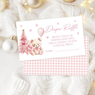 Pink Winter Teddy Bear Baby Girl Diaper Raffle Enclosure Card