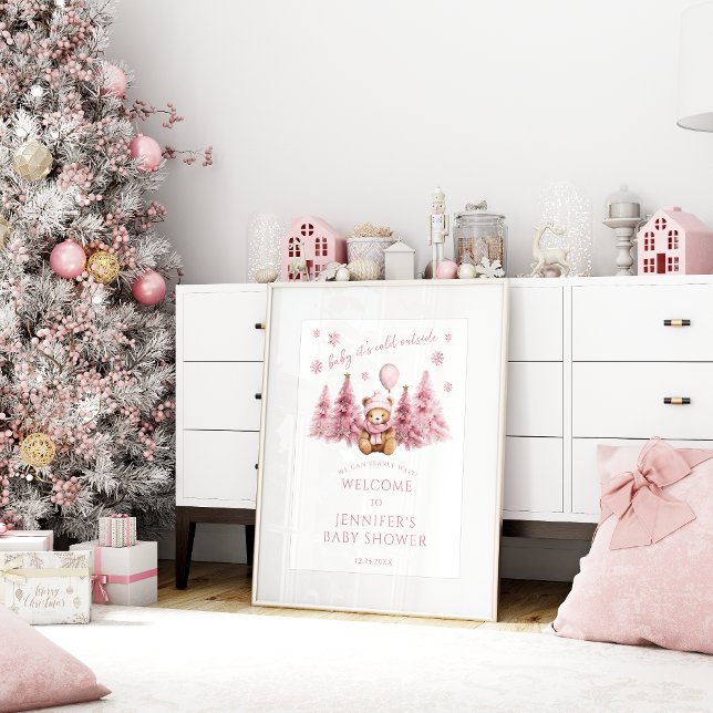 Pink Winter Teddy Bear Baby Girl Shower Welcome  Poster (Creator Uploaded)