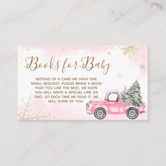 Pink Winter Truck Baby Shower Books for Baby Enclosure Card (Front)
