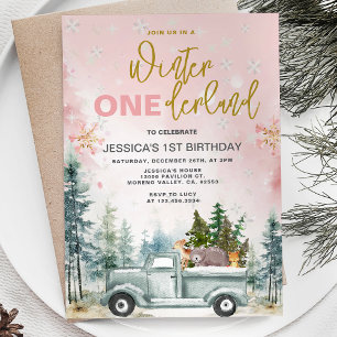 Pink Winter Truck Onederland Forest 1st Birthday Invitation