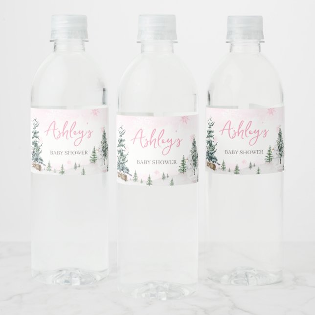 Pink Winter Wonderland Baby Shower Water Bottle Label (Bottles)