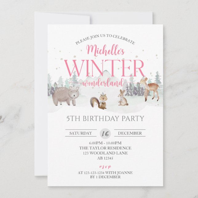 Pink Winter Wonderland Birthday, Girl 5th Birthday Invitation (Front)