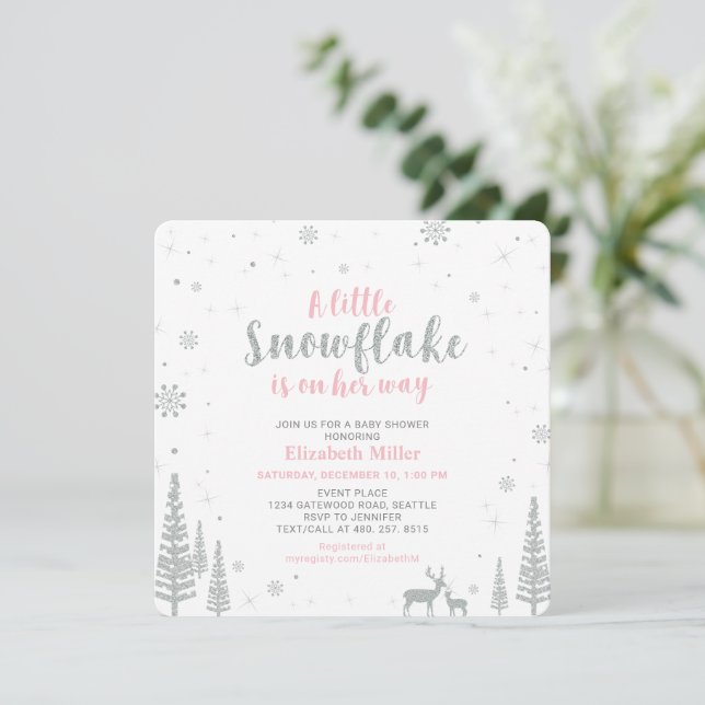 Pink Winter Wonderland, Girl Baby Shower Invitation (Standing Front)