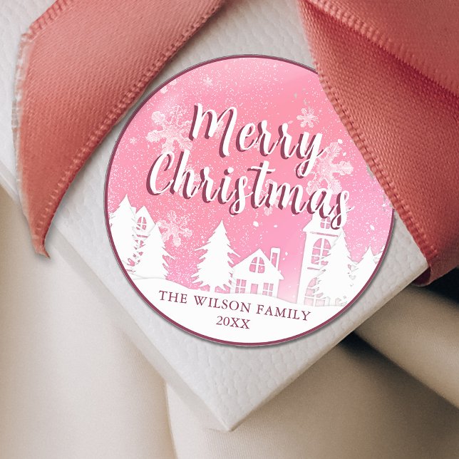 Pink Winter Wonderland Merry Christmas Classic R Round Sticker (Creator Uploaded)