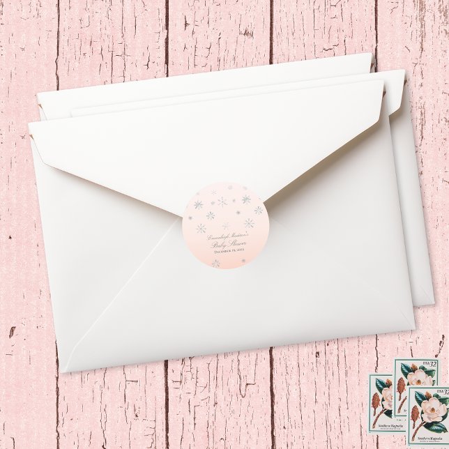 Pink Winter Wonderland Snowflake Baby Shower Favou Classic Round Sticker (Creator Uploaded)