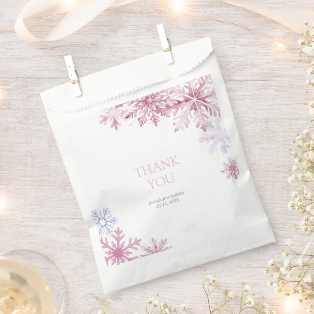 Pink Winter Wonderland Snowflake First Birthday Favour Bag (Clipped)
