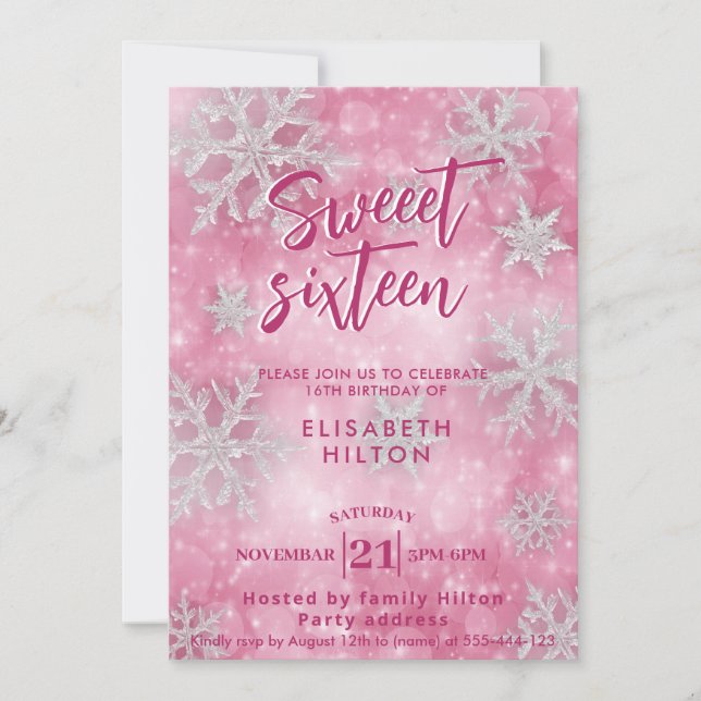 Pink Winter wonderland snowflakes dress sweet 16 Invitation (Front)