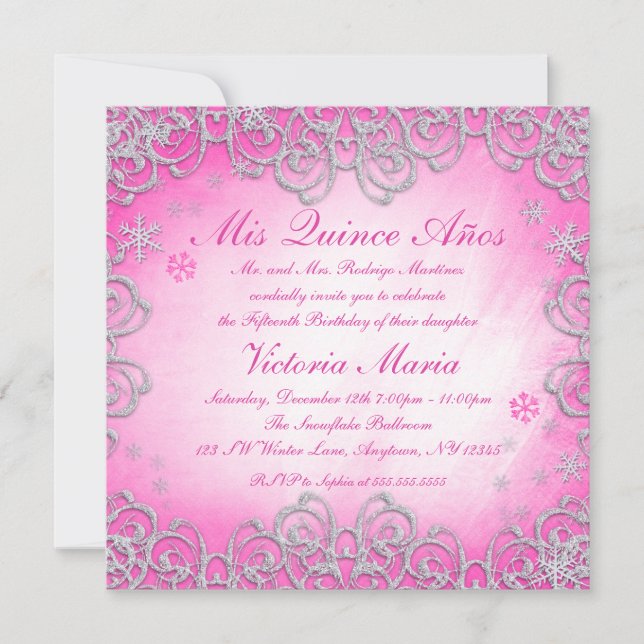 Pink Winter Wonderland Swirl Snowflake Quinceanera Invitation (Front)