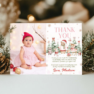 Pink Winter Woodland Animals Girl Birthday Photo Thank You Card