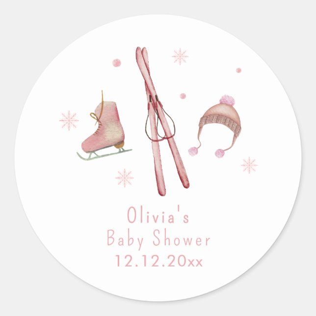 Pink Winter Woodland Après Bébé Ski Baby Shower  Classic Round Sticker (Front)