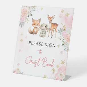 Pink winter woodland baby shower guest book sign