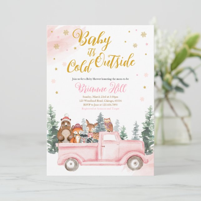 Pink Winter Woodland Baby Shower Invitation  (Standing Front)