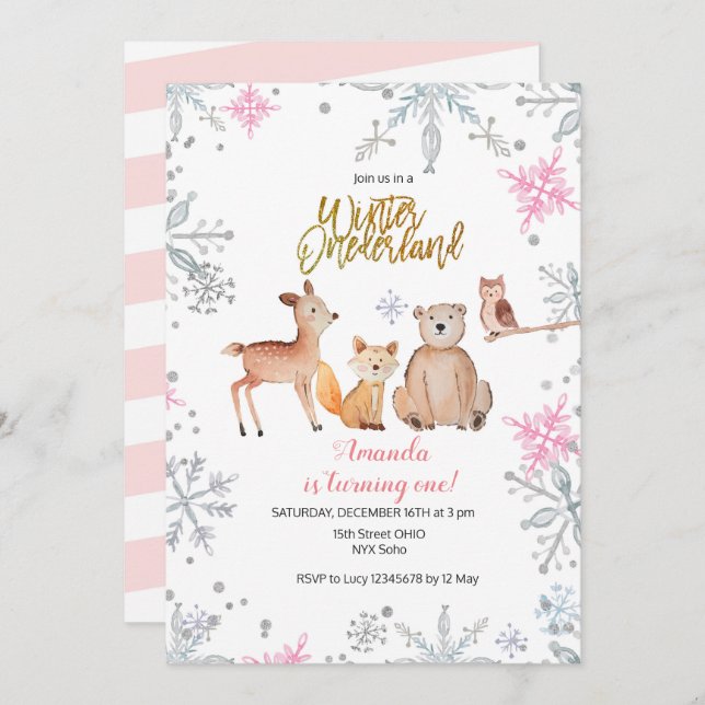 Pink Winter woodland girl 1st birthday watercolor Invitation (Front/Back)