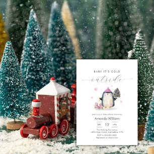 Pink Winter Woodland Penguin Baby Shower Invitation