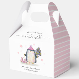 Pink Winter Woodland Skate Penguin Baby Shower Favour Box