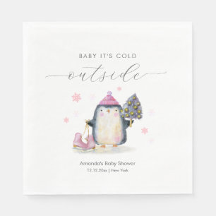 Pink Winter Woodland Skate Penguin Baby Shower Napkin