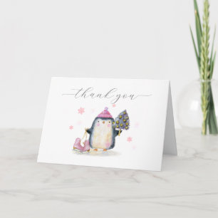 Pink Winter Woodland Skate Penguin Baby Shower  Thank You Card