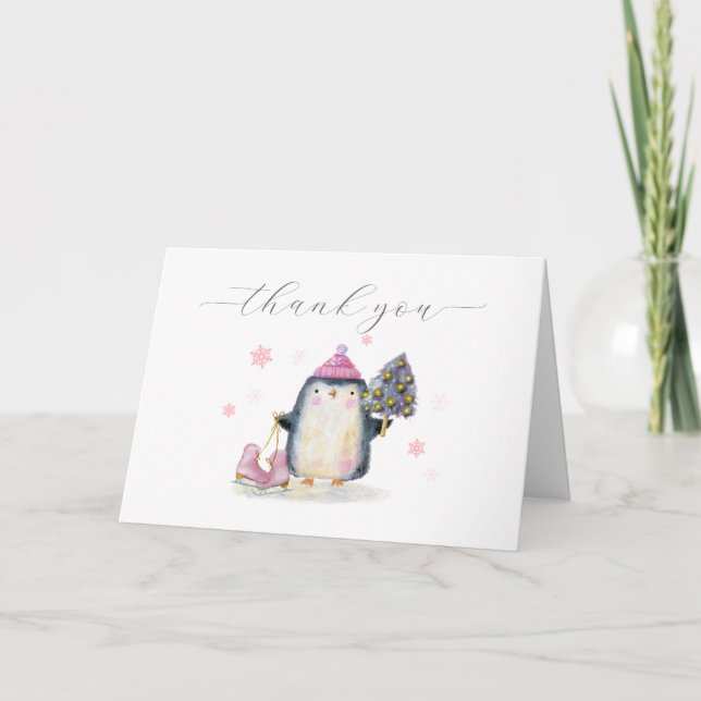 Pink Winter Woodland Skate Penguin Baby Shower  Thank You Card (Front)