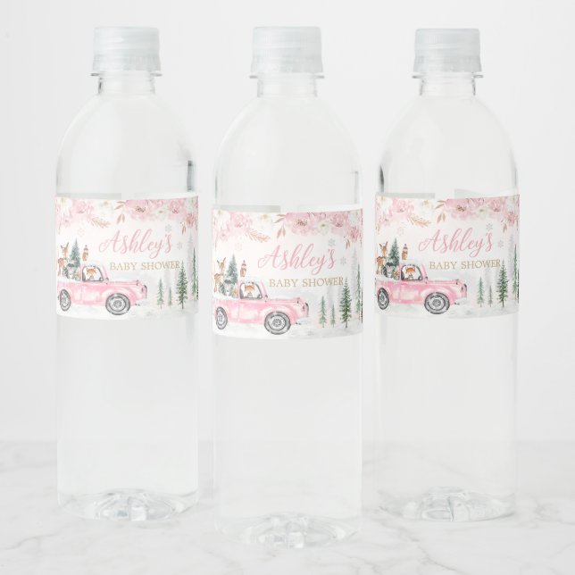 Pink Winter Woodland Truck Baby Shower Water Bottle Label (Bottles)
