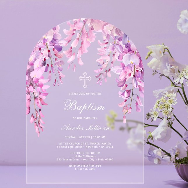 Pink Wisteria Baptism Acrylic Invitations (Creator Uploaded)