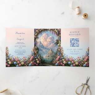 Pink Wisteria Fairytale Castle Mountain Wedding Tri-Fold Invitation