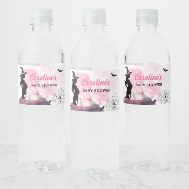 Pink Witch A Baby is Brewing Baby Shower  Water Bottle Label (Bottles)