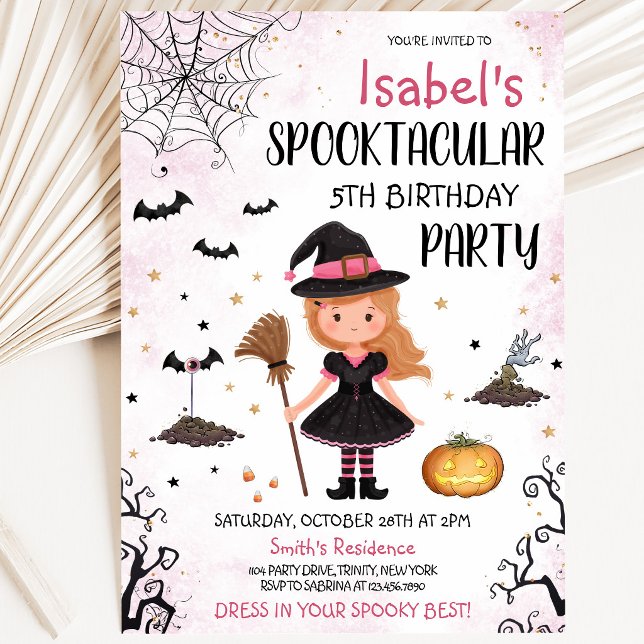 Pink Witch Halloween Birthday Invitation (Creator Uploaded)