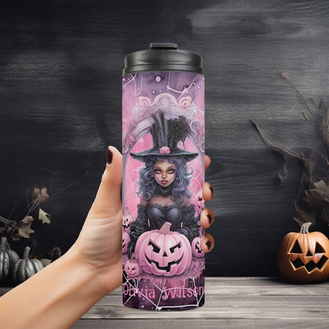Pink Witchy Spiderwebs Halloween Personalized Thermal Tumbler (Creator Uploaded)