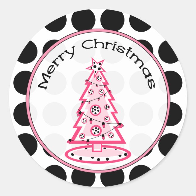 Pink with Black Polka Dots Christmas Tree Sticker (Front)