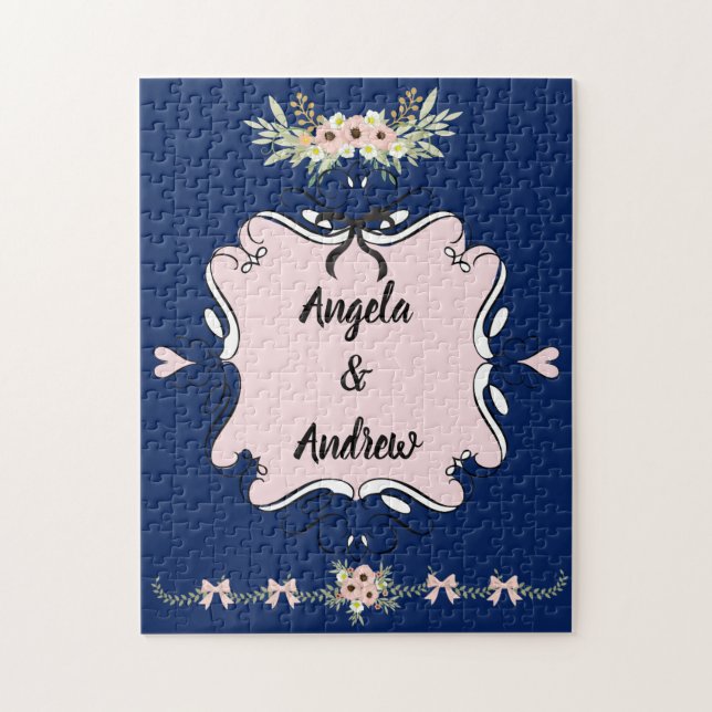 Pink with blue background bride and groom jigsaw puzzle (Vertical)