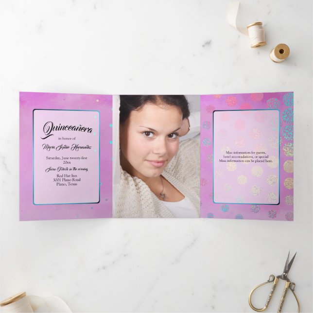 Pink with Confetti and Custom Photo Quinceañera Tri-Fold Invitation (Inside)