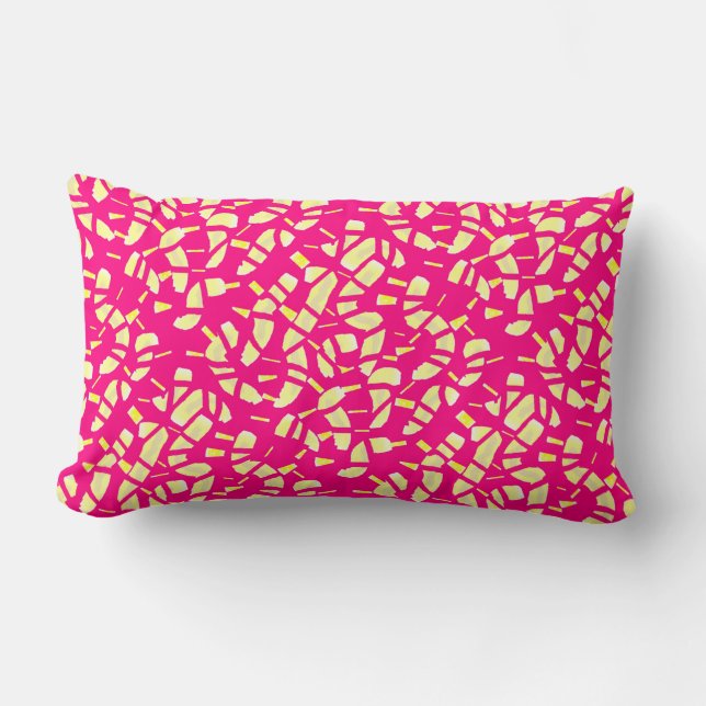 Pink with cream and pale lemon patterns lumbar cushion (Front)