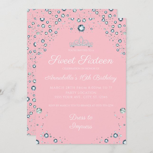 Pink with Diamonds Birthday Invitations (Front/Back)
