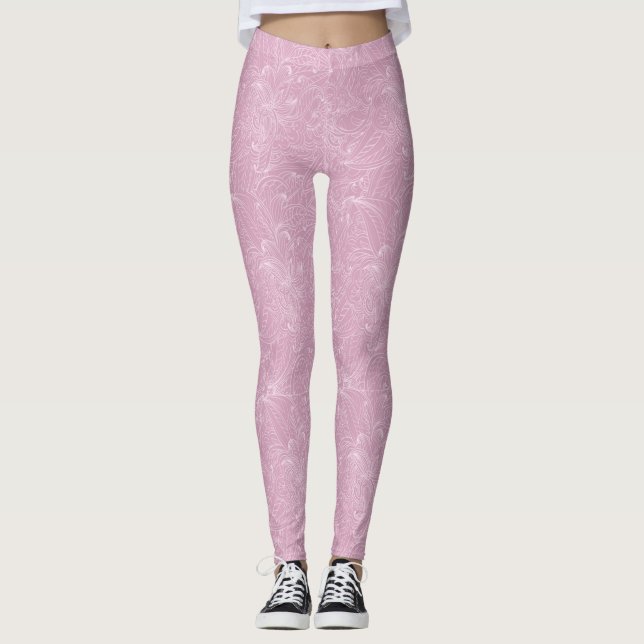 Pink with Floral Lace Pattern Leggings (Front)