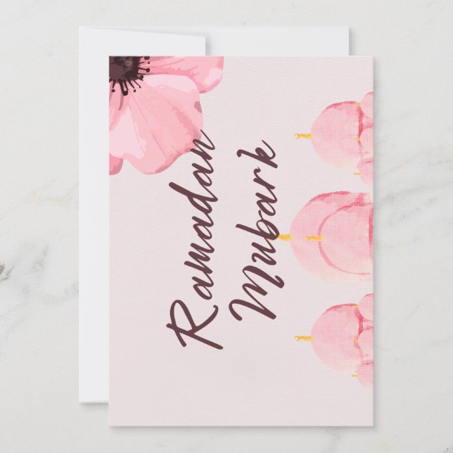 Pink with flower Ramadan mubark Invitation (Front)