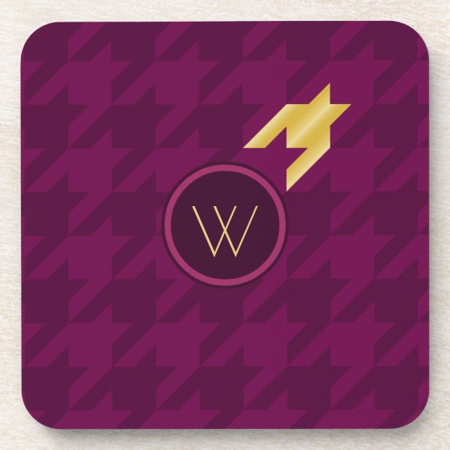 Pink with Gold Accent Houndstooth Square Coaster (Front)