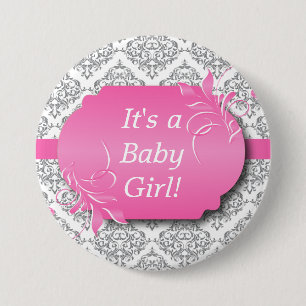 Pink with Grey Damask Pattern 7.5 Cm Round Badge