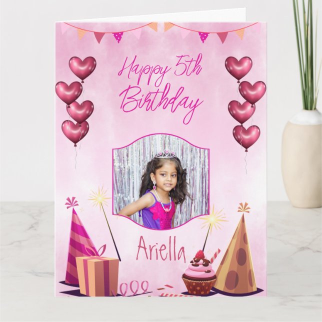 Pink with heart balloons kids birthday photo card (Front)