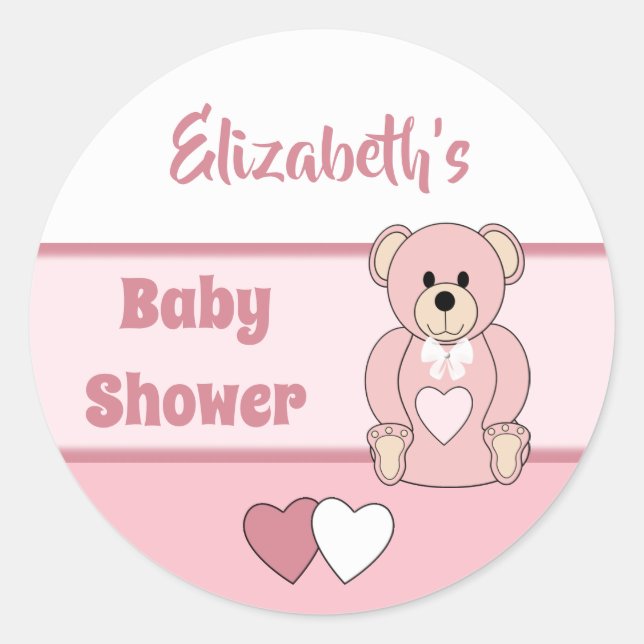 Pink with hearts teddy bear and name classic round sticker (Front)