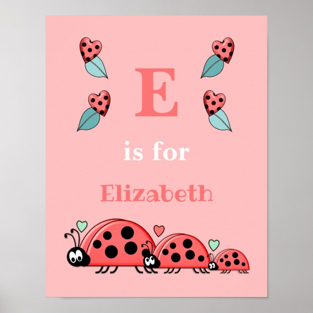 Pink with ladybirds hearts and baby name poster (Front)