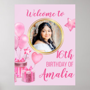 Pink with presents and balloons round photo poster