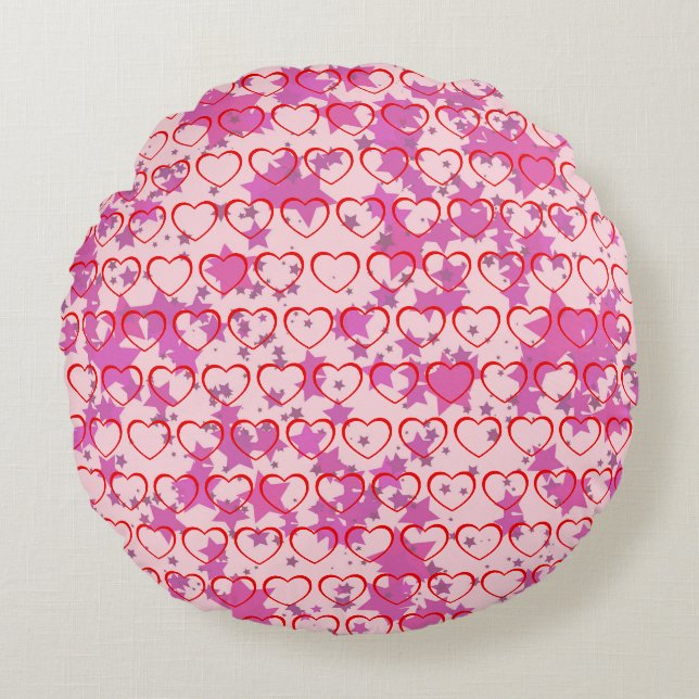 Pink with red hearts round cushion (Front)