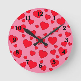 Pink with Red Hearts Wall Clock