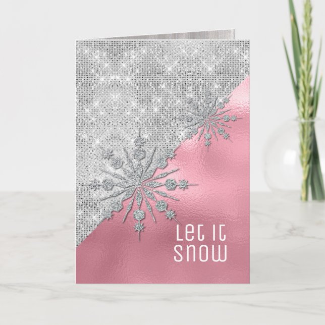 Pink with Silver Glitter Snowflakes Christmas Card (Front)