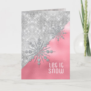 Pink with Silver Glitter Snowflakes Christmas Card